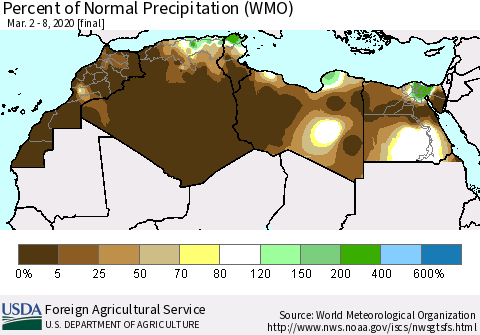 North Africa Percent of Normal Precipitation (WMO) Thematic Map For 3/2/2020 - 3/8/2020