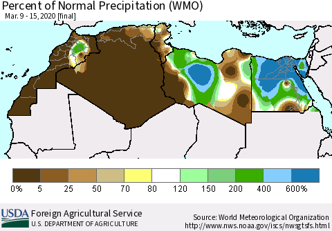 North Africa Percent of Normal Precipitation (WMO) Thematic Map For 3/9/2020 - 3/15/2020