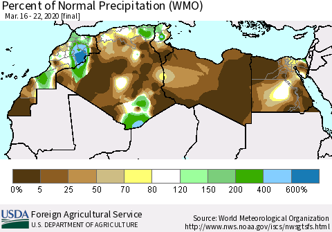 North Africa Percent of Normal Precipitation (WMO) Thematic Map For 3/16/2020 - 3/22/2020