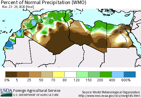 North Africa Percent of Normal Precipitation (WMO) Thematic Map For 3/23/2020 - 3/29/2020
