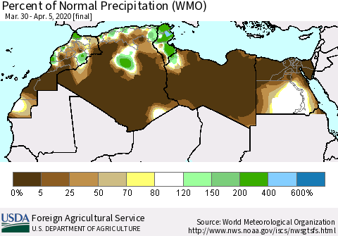 North Africa Percent of Normal Precipitation (WMO) Thematic Map For 3/30/2020 - 4/5/2020