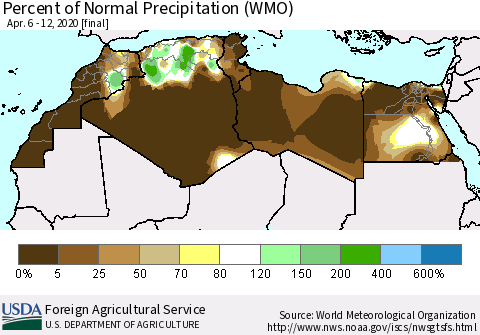 North Africa Percent of Normal Precipitation (WMO) Thematic Map For 4/6/2020 - 4/12/2020