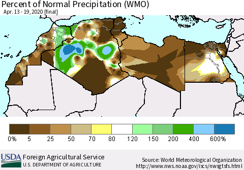 North Africa Percent of Normal Precipitation (WMO) Thematic Map For 4/13/2020 - 4/19/2020