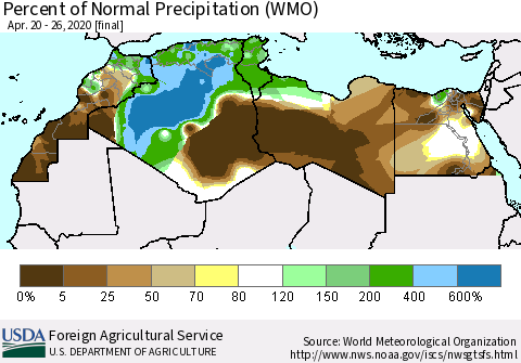 North Africa Percent of Normal Precipitation (WMO) Thematic Map For 4/20/2020 - 4/26/2020