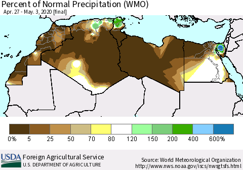 North Africa Percent of Normal Precipitation (WMO) Thematic Map For 4/27/2020 - 5/3/2020
