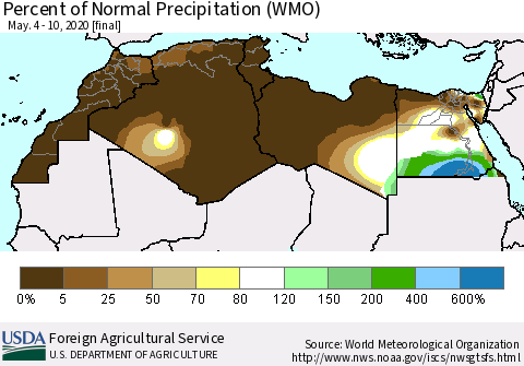 North Africa Percent of Normal Precipitation (WMO) Thematic Map For 5/4/2020 - 5/10/2020