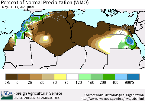 North Africa Percent of Normal Precipitation (WMO) Thematic Map For 5/11/2020 - 5/17/2020