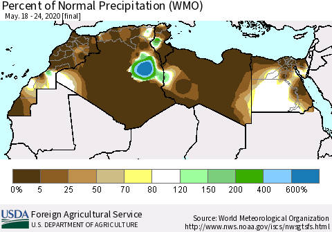 North Africa Percent of Normal Precipitation (WMO) Thematic Map For 5/18/2020 - 5/24/2020