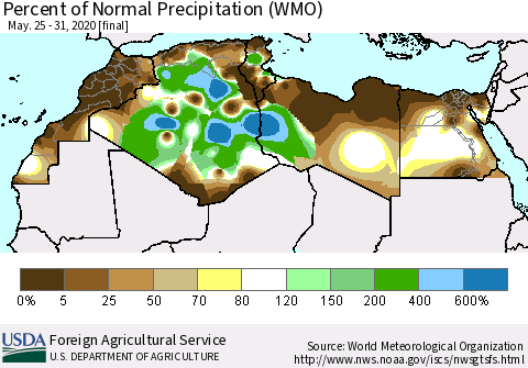 North Africa Percent of Normal Precipitation (WMO) Thematic Map For 5/25/2020 - 5/31/2020
