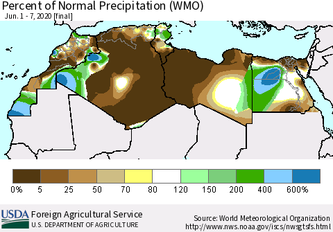 North Africa Percent of Normal Precipitation (WMO) Thematic Map For 6/1/2020 - 6/7/2020