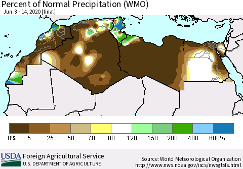 North Africa Percent of Normal Precipitation (WMO) Thematic Map For 6/8/2020 - 6/14/2020