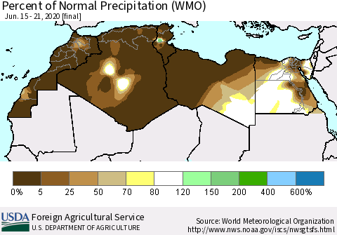 North Africa Percent of Normal Precipitation (WMO) Thematic Map For 6/15/2020 - 6/21/2020