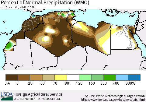 North Africa Percent of Normal Precipitation (WMO) Thematic Map For 6/22/2020 - 6/28/2020