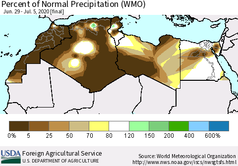 North Africa Percent of Normal Precipitation (WMO) Thematic Map For 6/29/2020 - 7/5/2020