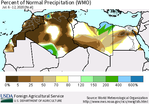 North Africa Percent of Normal Precipitation (WMO) Thematic Map For 7/6/2020 - 7/12/2020