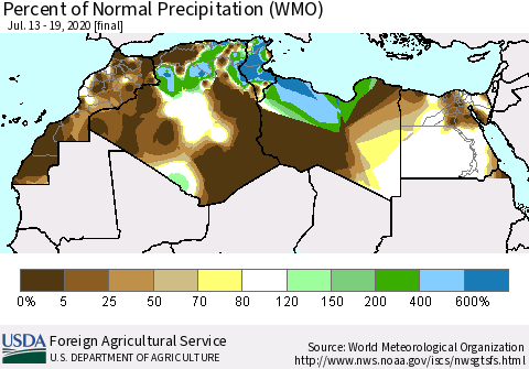 North Africa Percent of Normal Precipitation (WMO) Thematic Map For 7/13/2020 - 7/19/2020