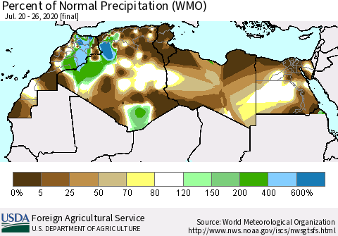 North Africa Percent of Normal Precipitation (WMO) Thematic Map For 7/20/2020 - 7/26/2020
