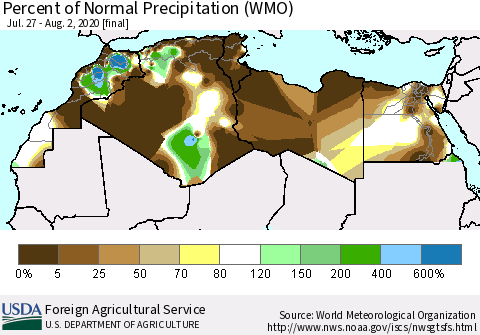 North Africa Percent of Normal Precipitation (WMO) Thematic Map For 7/27/2020 - 8/2/2020