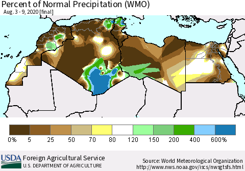 North Africa Percent of Normal Precipitation (WMO) Thematic Map For 8/3/2020 - 8/9/2020