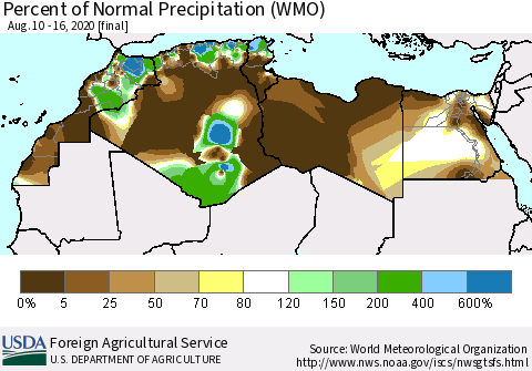 North Africa Percent of Normal Precipitation (WMO) Thematic Map For 8/10/2020 - 8/16/2020