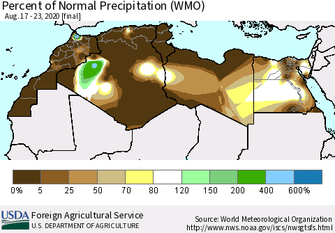 North Africa Percent of Normal Precipitation (WMO) Thematic Map For 8/17/2020 - 8/23/2020