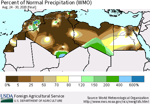 North Africa Percent of Normal Precipitation (WMO) Thematic Map For 8/24/2020 - 8/30/2020