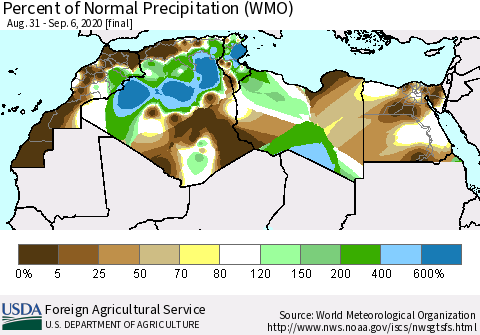North Africa Percent of Normal Precipitation (WMO) Thematic Map For 8/31/2020 - 9/6/2020