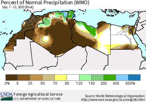 North Africa Percent of Normal Precipitation (WMO) Thematic Map For 9/7/2020 - 9/13/2020