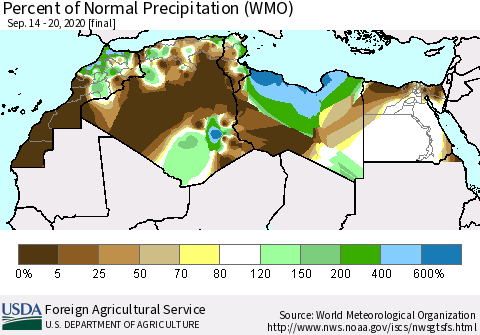 North Africa Percent of Normal Precipitation (WMO) Thematic Map For 9/14/2020 - 9/20/2020