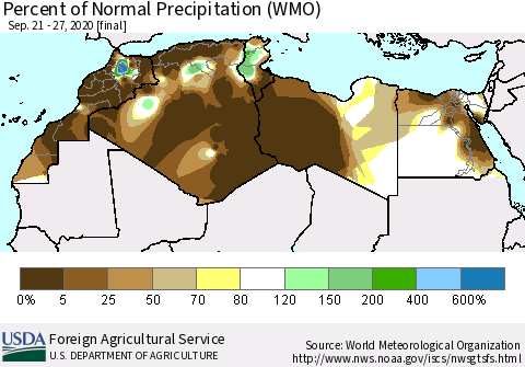 North Africa Percent of Normal Precipitation (WMO) Thematic Map For 9/21/2020 - 9/27/2020