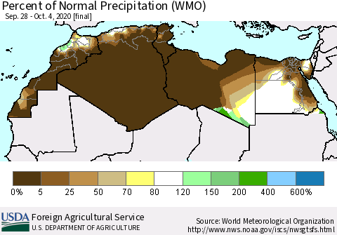 North Africa Percent of Normal Precipitation (WMO) Thematic Map For 9/28/2020 - 10/4/2020