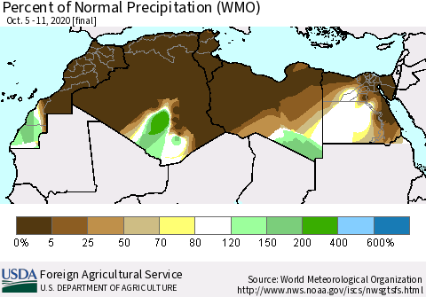 North Africa Percent of Normal Precipitation (WMO) Thematic Map For 10/5/2020 - 10/11/2020