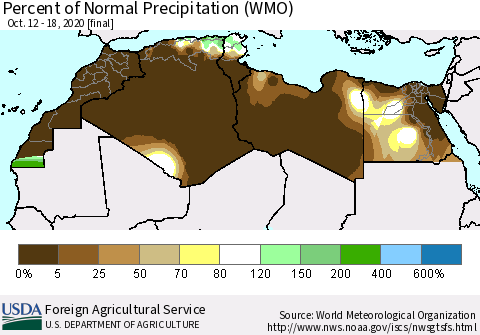 North Africa Percent of Normal Precipitation (WMO) Thematic Map For 10/12/2020 - 10/18/2020