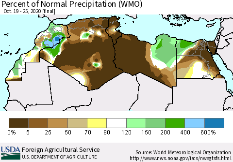 North Africa Percent of Normal Precipitation (WMO) Thematic Map For 10/19/2020 - 10/25/2020