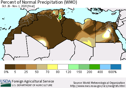 North Africa Percent of Normal Precipitation (WMO) Thematic Map For 10/26/2020 - 11/1/2020