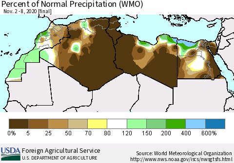 North Africa Percent of Normal Precipitation (WMO) Thematic Map For 11/2/2020 - 11/8/2020