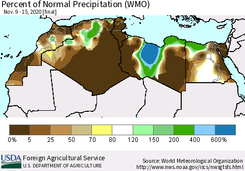 North Africa Percent of Normal Precipitation (WMO) Thematic Map For 11/9/2020 - 11/15/2020