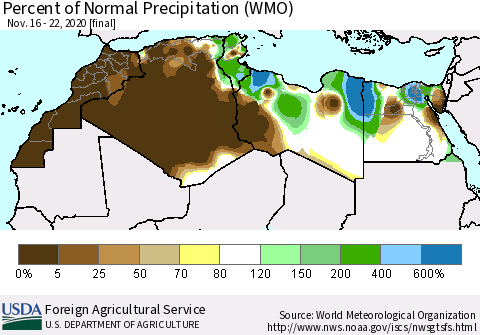 North Africa Percent of Normal Precipitation (WMO) Thematic Map For 11/16/2020 - 11/22/2020