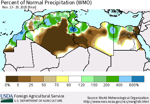 North Africa Percent of Normal Precipitation (WMO) Thematic Map For 11/23/2020 - 11/29/2020