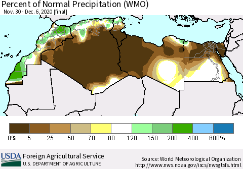 North Africa Percent of Normal Precipitation (WMO) Thematic Map For 11/30/2020 - 12/6/2020