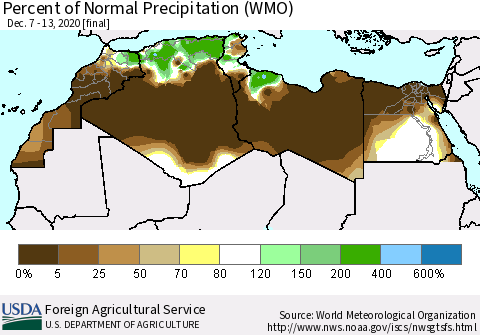 North Africa Percent of Normal Precipitation (WMO) Thematic Map For 12/7/2020 - 12/13/2020