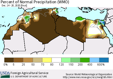 North Africa Percent of Normal Precipitation (WMO) Thematic Map For 12/14/2020 - 12/20/2020