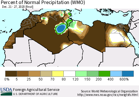 North Africa Percent of Normal Precipitation (WMO) Thematic Map For 12/21/2020 - 12/27/2020