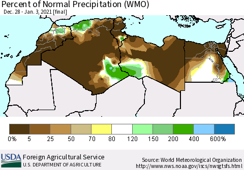 North Africa Percent of Normal Precipitation (WMO) Thematic Map For 12/28/2020 - 1/3/2021
