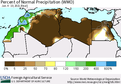 North Africa Percent of Normal Precipitation (WMO) Thematic Map For 1/4/2021 - 1/10/2021