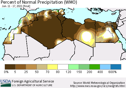 North Africa Percent of Normal Precipitation (WMO) Thematic Map For 1/11/2021 - 1/17/2021