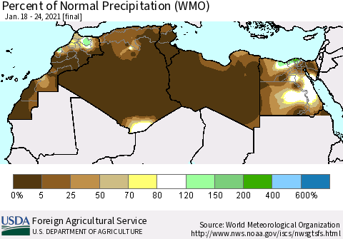 North Africa Percent of Normal Precipitation (WMO) Thematic Map For 1/18/2021 - 1/24/2021