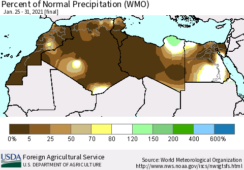 North Africa Percent of Normal Precipitation (WMO) Thematic Map For 1/25/2021 - 1/31/2021