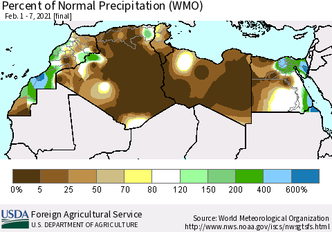 North Africa Percent of Normal Precipitation (WMO) Thematic Map For 2/1/2021 - 2/7/2021