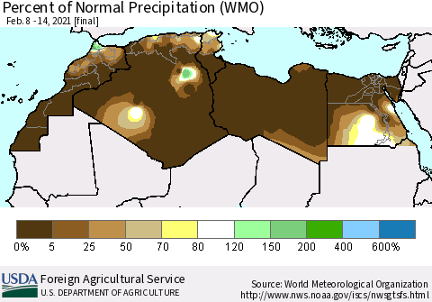 North Africa Percent of Normal Precipitation (WMO) Thematic Map For 2/8/2021 - 2/14/2021